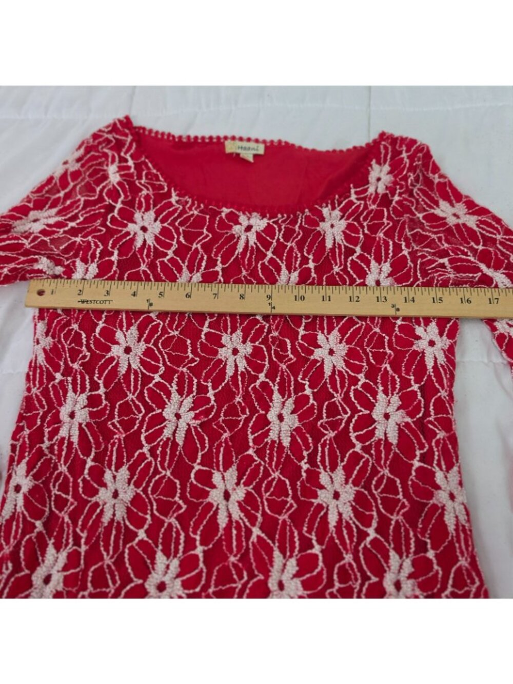 Haani Lace Dress Medium Red Floral Bell Sleeve Fit Flare Boho Romantic Coquette - Picture 4 of 15